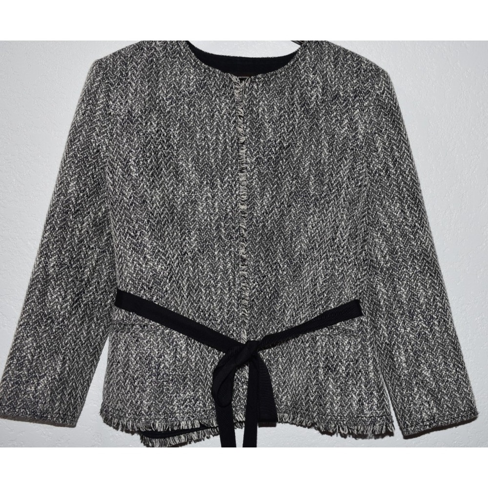 Ann Taylor Factory Jacket‎ Womens XL Black White Tweed Fringe Belted Open Front